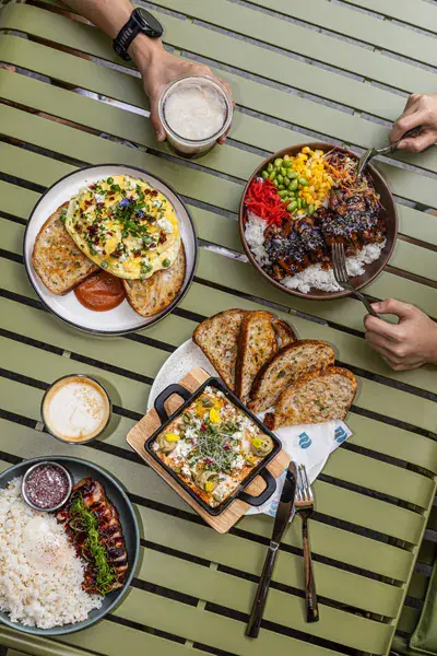 Brunch spread on a sage table
