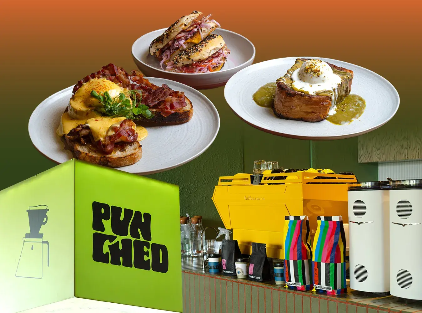 Three brunch plates above the Punched sign and the coffee bar, with its yellow espresso machine